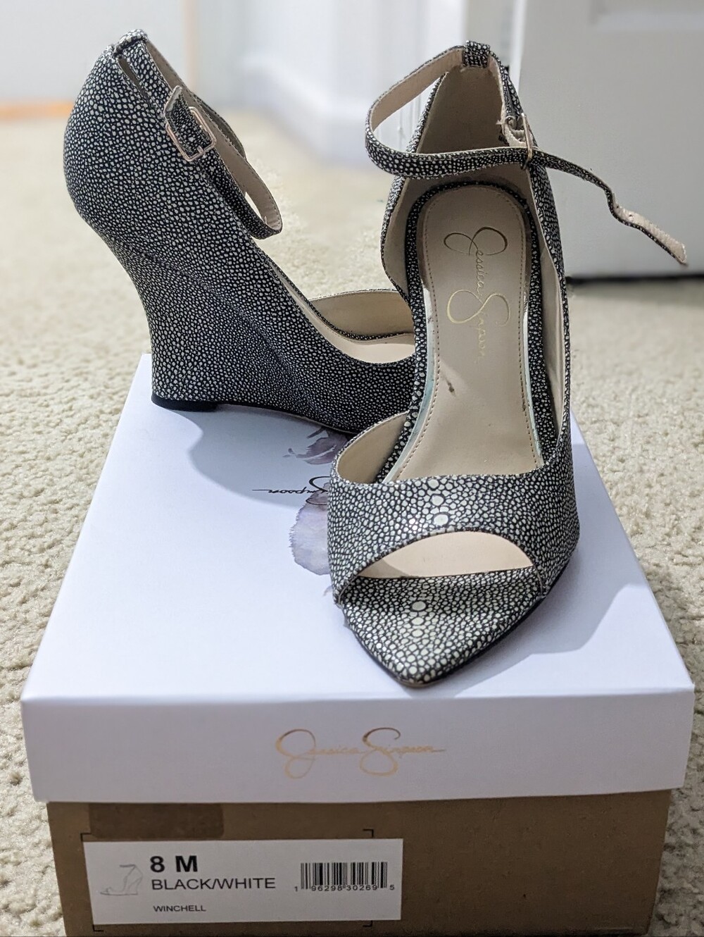 Jessica Simpson Winchell Dots Pattern Peep-Toe Ankle Strap Wedges, Size 8M, EUC